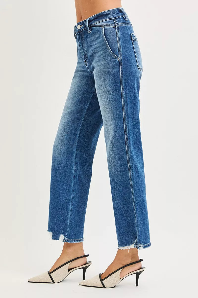 Risen High Rise Ankle Straight Distressed Hem Jeans