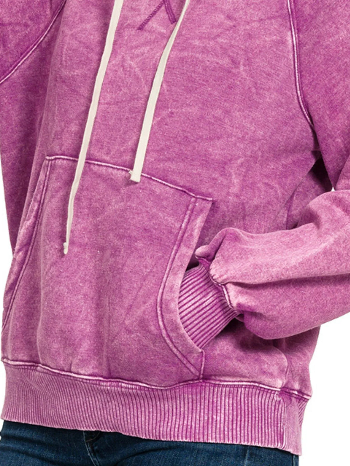 Zenana Acid Wash Fleece Hoodie with Kangaroo Pocket in Light Plum