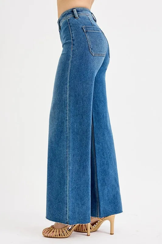 Risen High Rise Wide Leg Flare Jeans