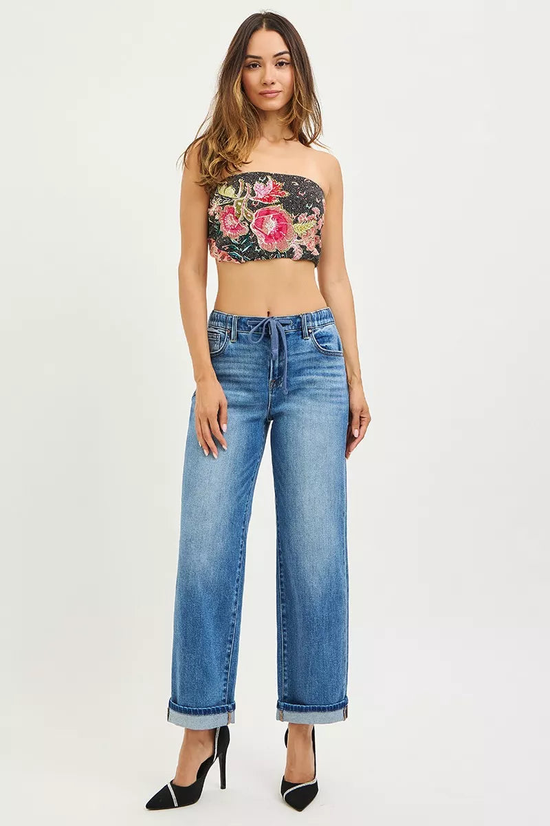Risen Mid Rise Slouchy Drawstring Waist Boyfriend Jeans