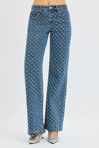 Risen High Rise Wide Leg Bow Embroidered Jeans