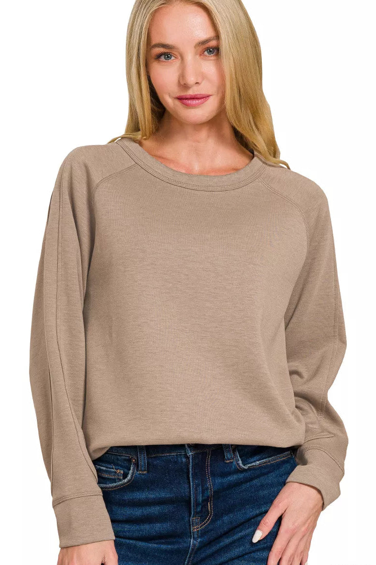 Zenana Scuba Round Neck Pullover Sweatshirt in Cocoa