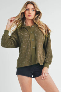 Aemi + Co Olive Floral Button Up Hooded Sweatshirt