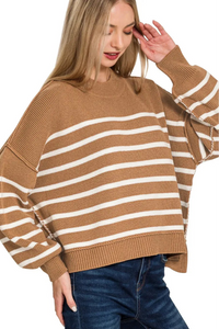 Zenana Deep Camel Exposed Seam Striped Oversized Sweater