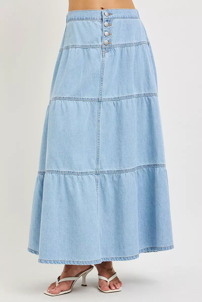 Risen Tiered Denim Maxi Skirt - Light Wash