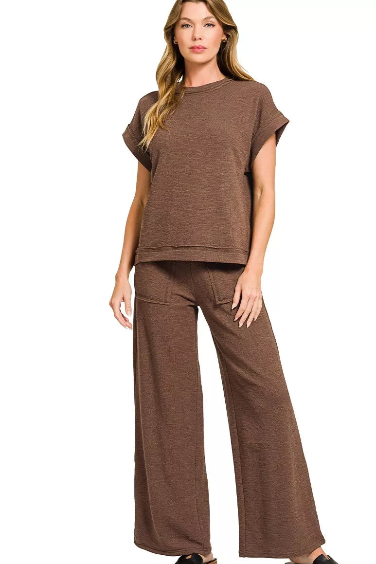 Cotton Slub Short Sleeve Tee and Pants Set in Brown