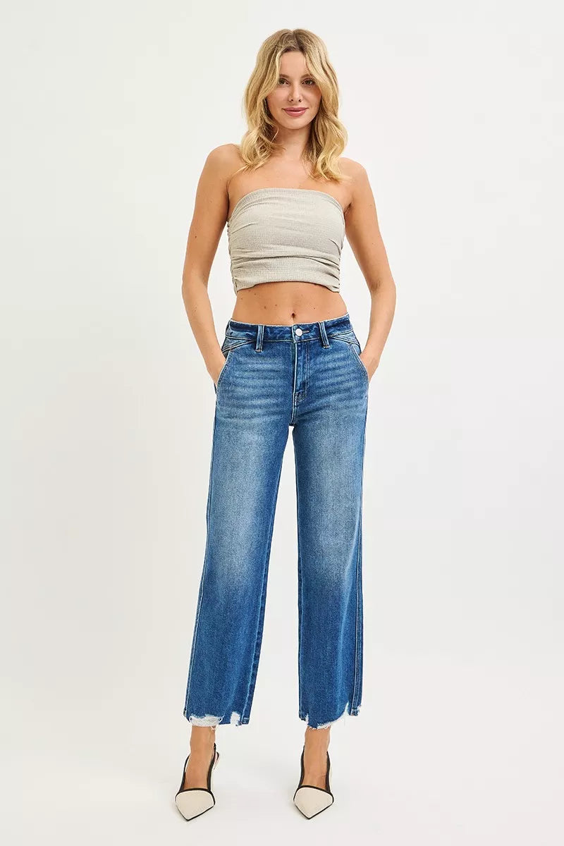 Risen High Rise Ankle Straight Distressed Hem Jeans
