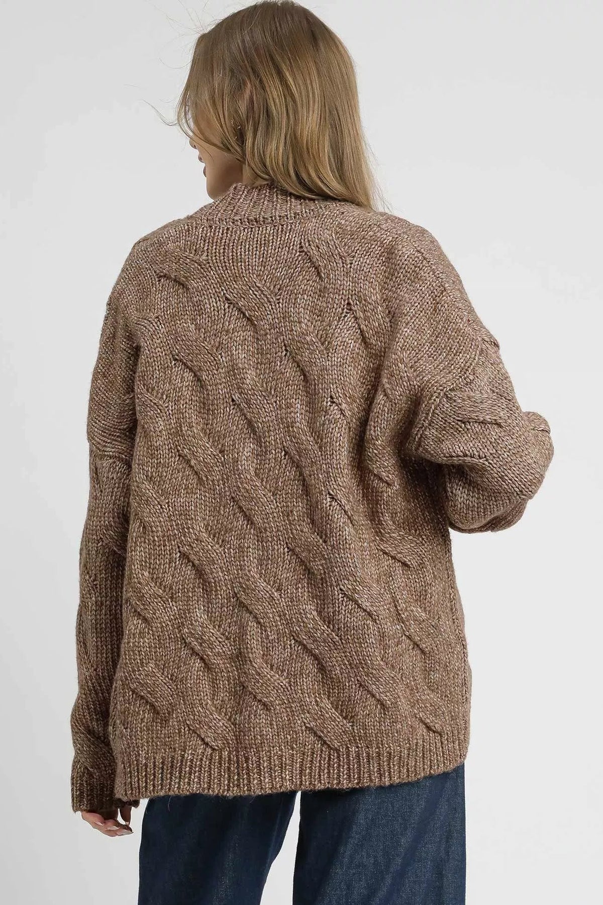 Chunky Cable Knit Open Front Cardigan in Mocha
