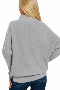 Draped Mock Neck Dolman Sleeve Sweater in Heather Grey
