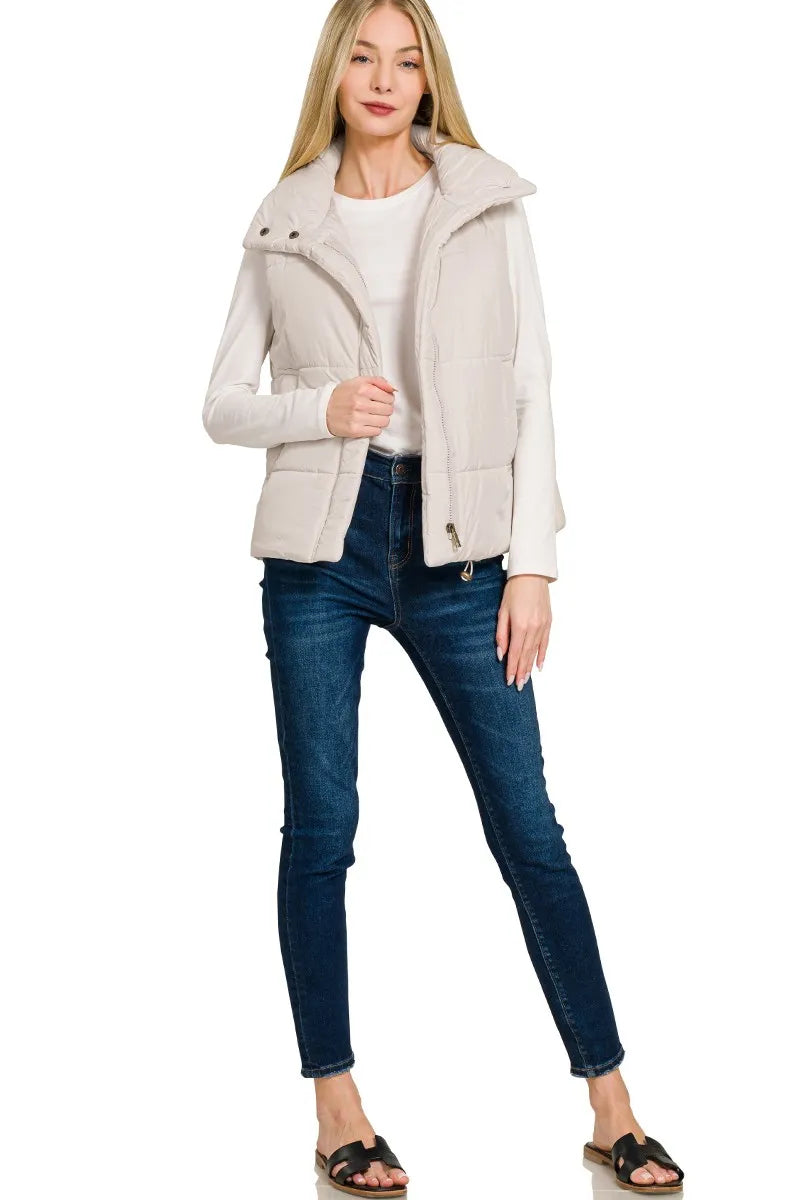 Zenana High Neck Zip-Up Vest Coat in Sand Beige