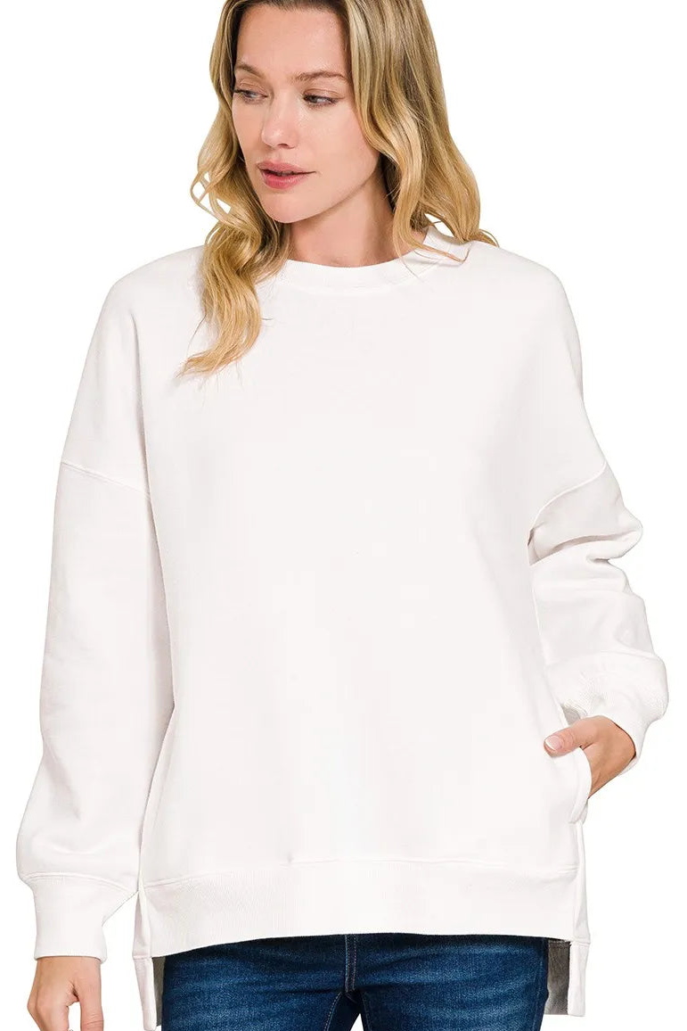 Zenana Fleece Hi-Low Boyfriend Sweatshirt with Pockets - Off White