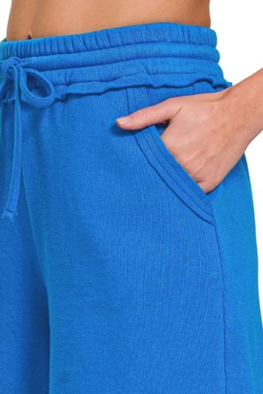 Zenana Fleece Raw Hem Shorts with Drawstring in Ocean Blue