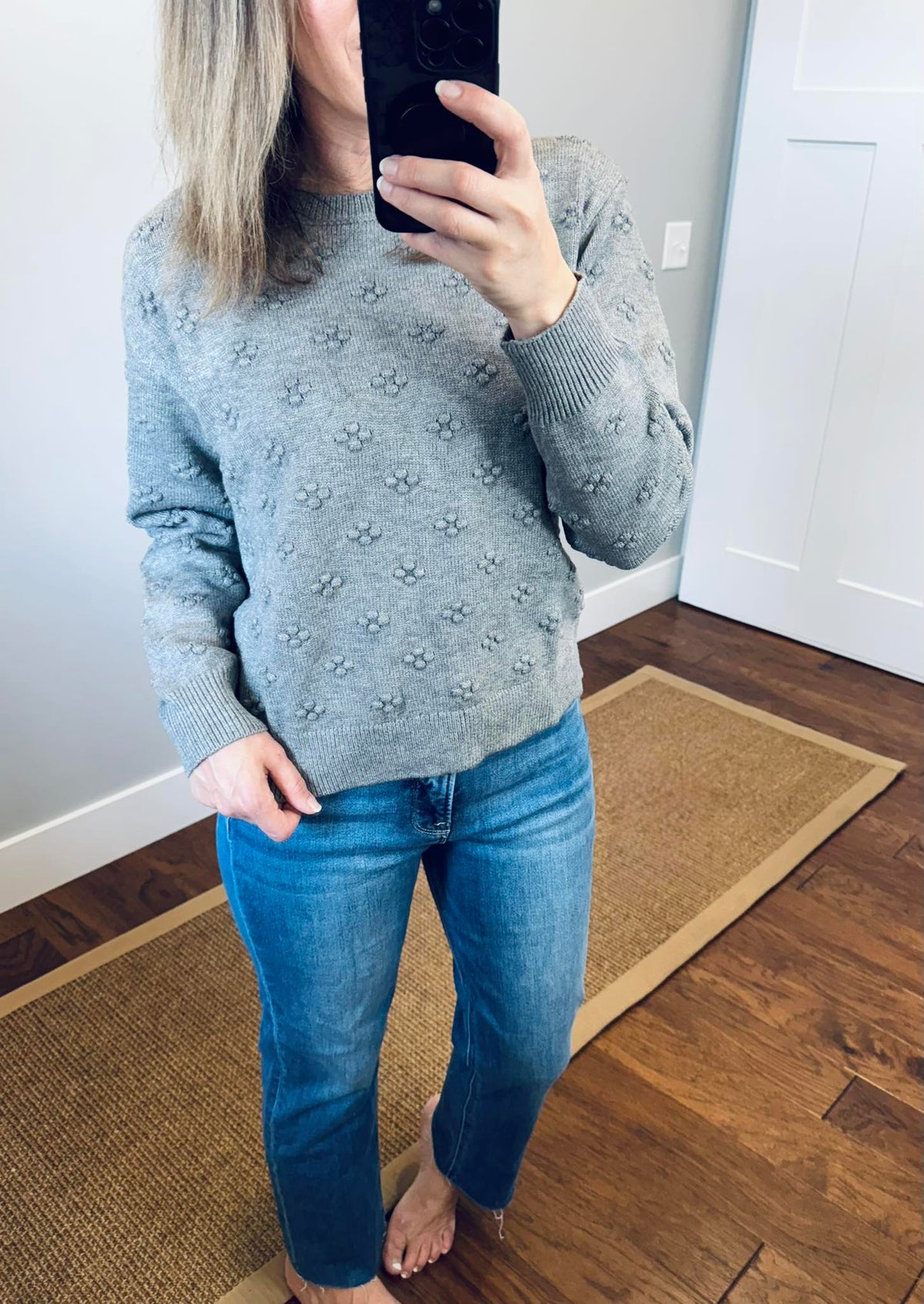 Wishlist Gray Bobble Knit Sweater and Risen High Rise Tummy Control Crop Straight Jeans