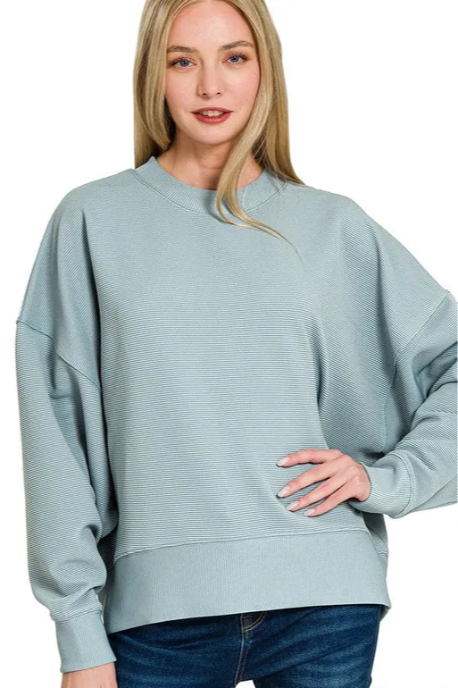 Ribbed Balloon Sleeve Pullover - Blue Gray