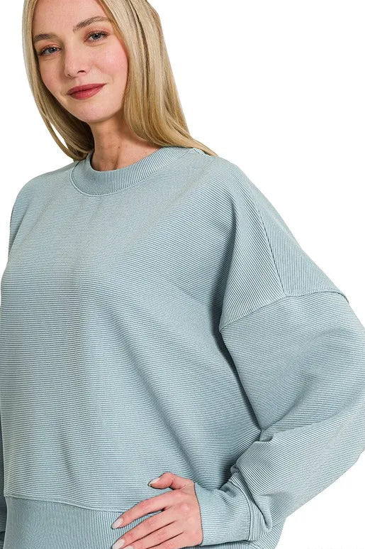 Ribbed Balloon Sleeve Pullover - Blue Gray