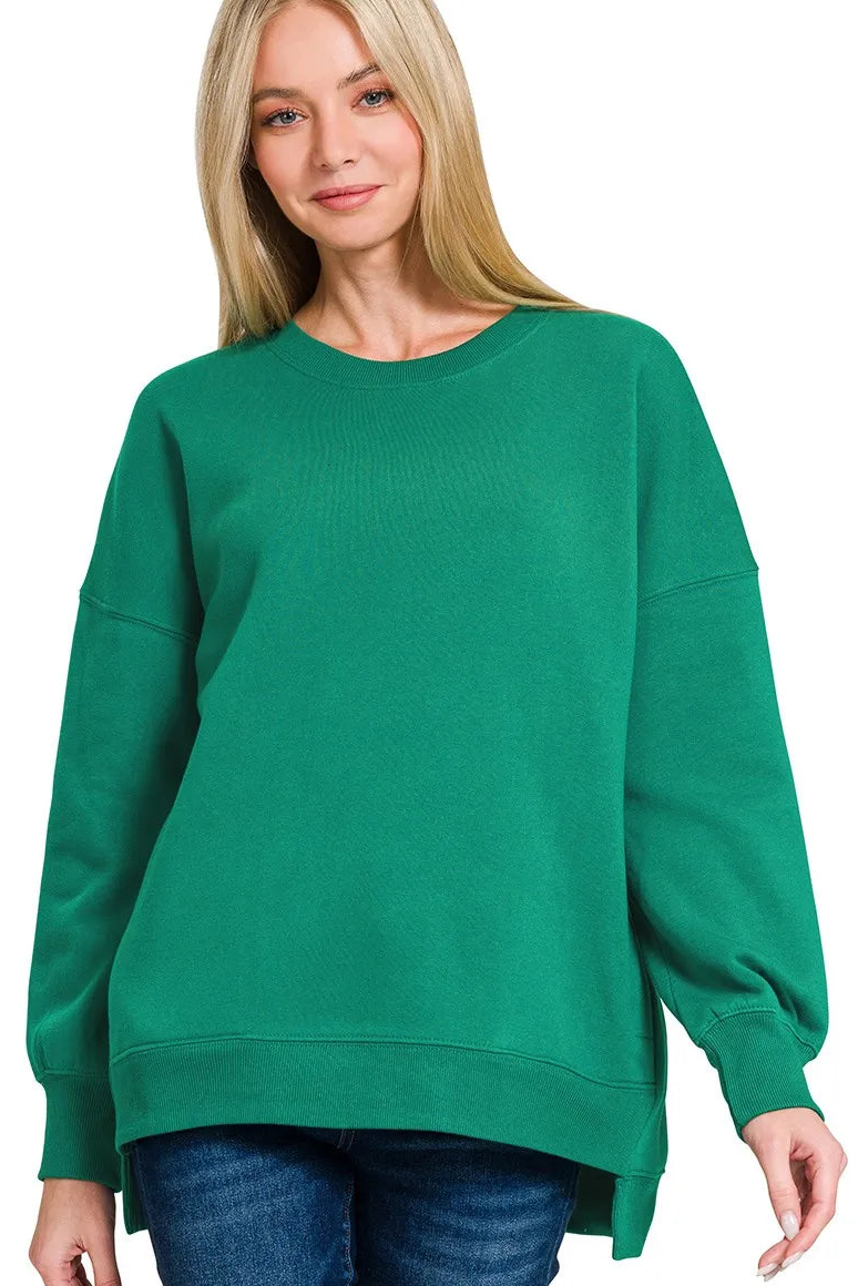 Fleece Hi-Low Boyfriend Sweatshirt with Pockets - Forest Green