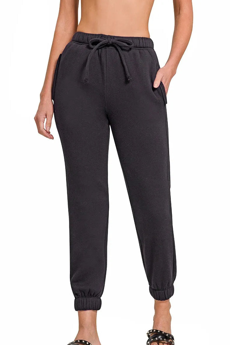 Zenana Fleece Joggers with Pockets in Black