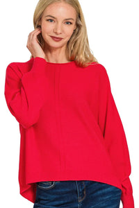 Zenana Red Front Seam Round-Neck Sweater