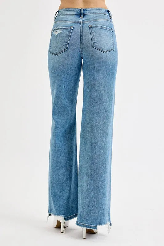 Risen Tummy Control Knee Distress Wide Leg Jeans