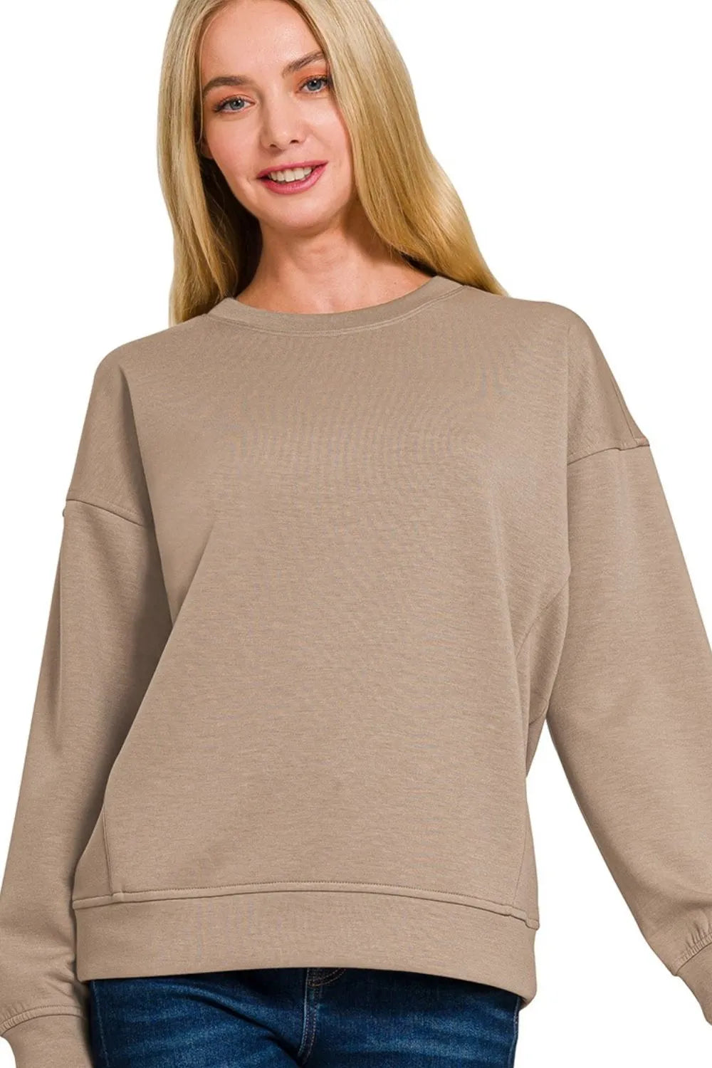 Zenana Scuba Round Neck Sweatshirt in Cocoa