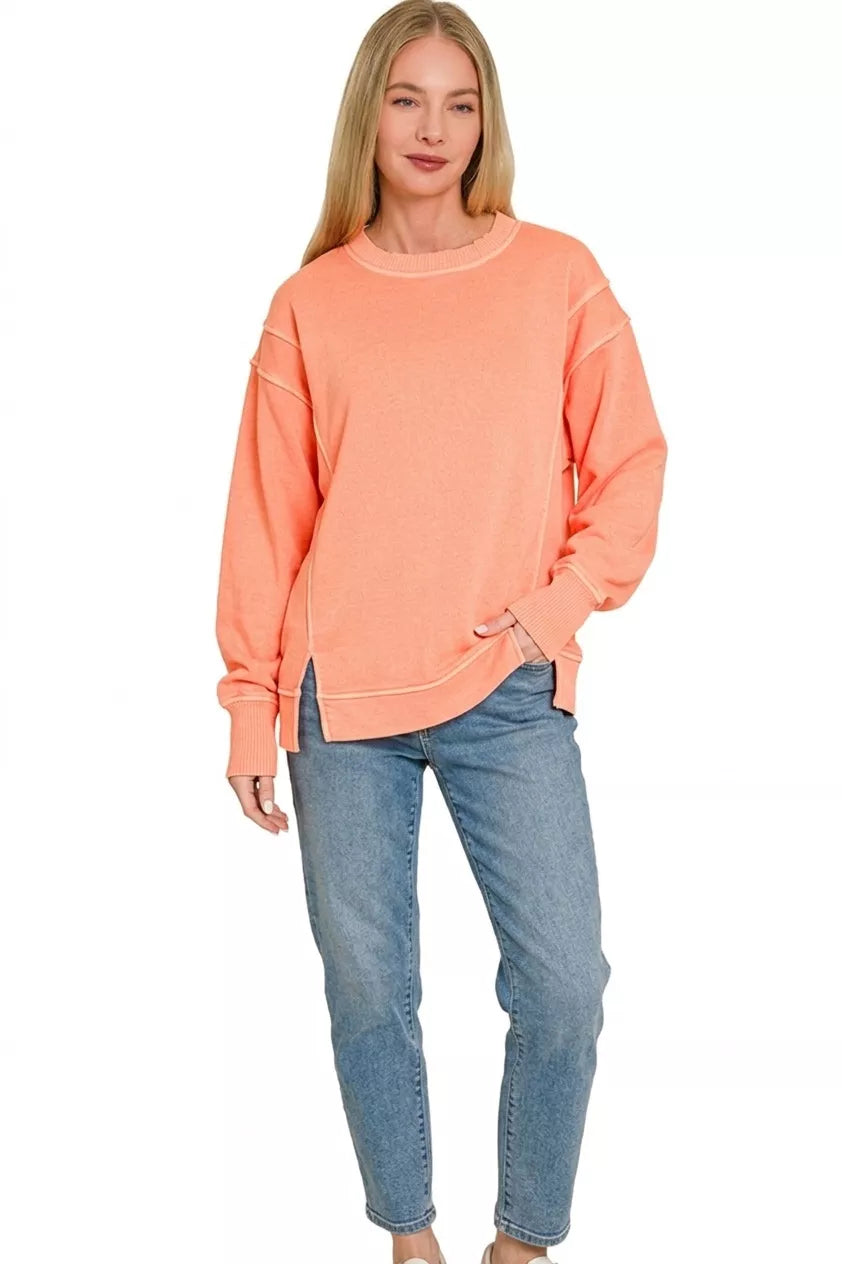 Zenana Pigment Dye Exposed Seam Fleece Sweatshirt in Coral