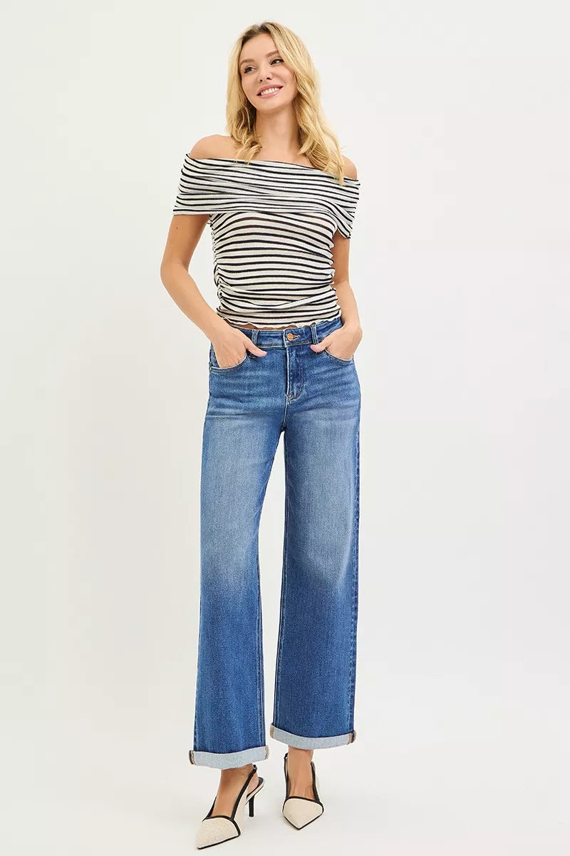 Risen High Rise Relaxed Fit Ankle Straight Cuffed Jeans