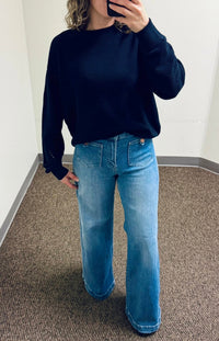 Risen Mid Rise Front Patch Pocket Wide Leg Jeans and Seventy Eight and Sunny (SEAS) Coastal Crewneck Sweater in Navy 
