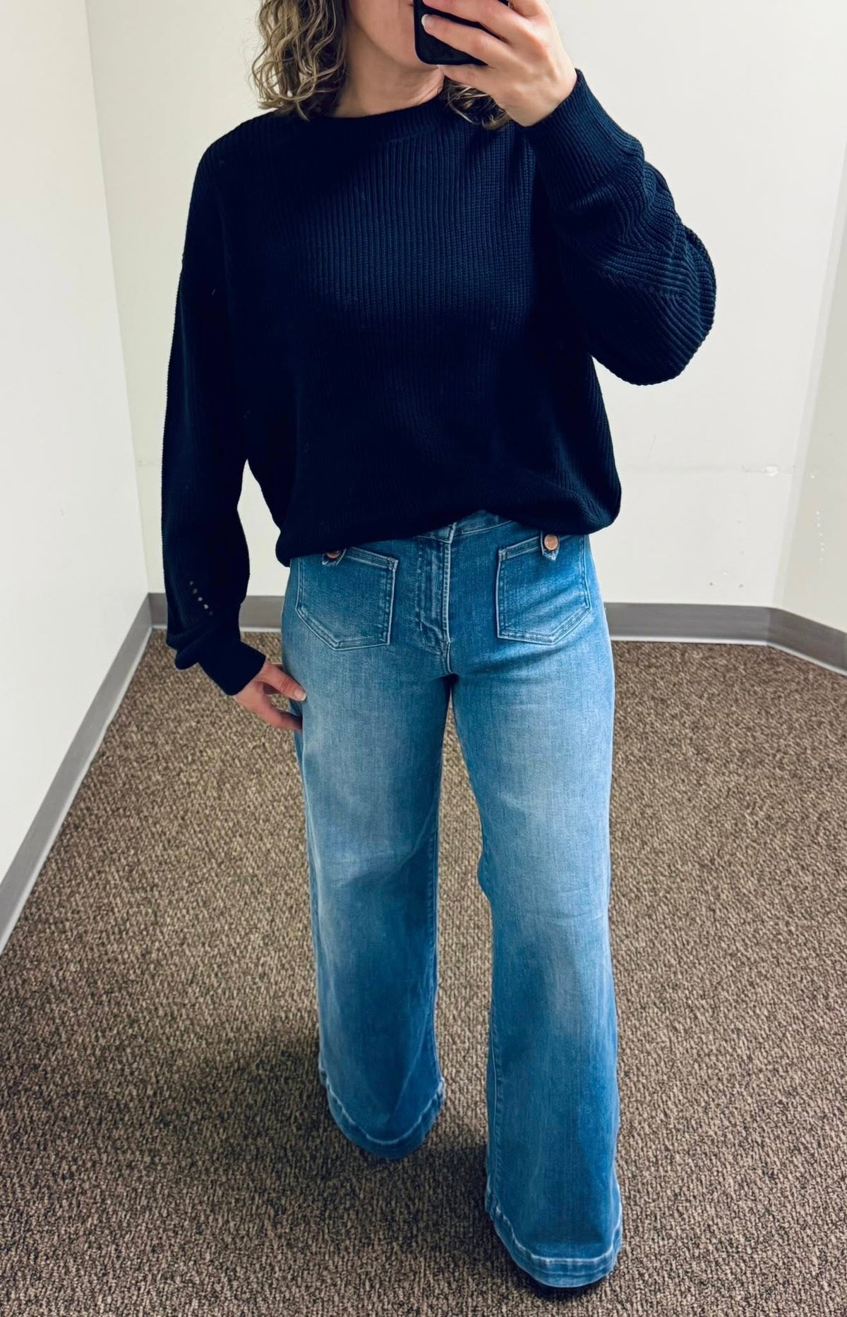Risen Mid Rise Front Patch Pocket Wide Leg Jeans and Seventy Eight and Sunny (SEAS) Coastal Crewneck Sweater in Navy 