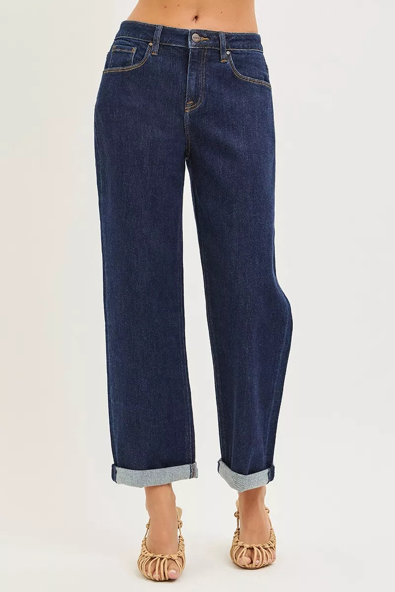 Risen Mid Rise Dark Wash Slouchy Boyfriend Jeans