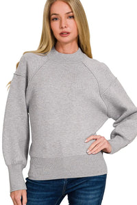Heather Grey Mock Neck Exposed Seam Sweater