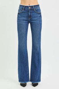 Risen Mid Rise Frayed Waistband Bootcut Jeans