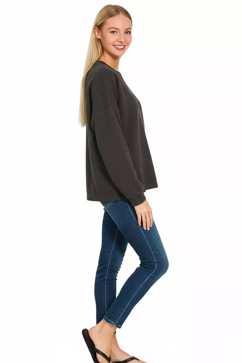 Double Knit Round Neck Long Sleeve Top in Black