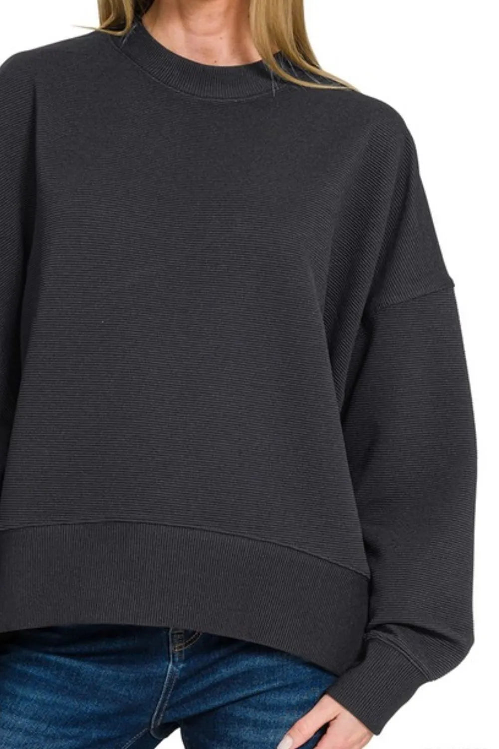 Zenana Ribbed Balloon Sleeve Pullover - Black