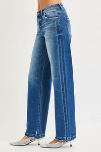 Risen High Rise Slouchy Baggy Side Seam Detail Jeans 