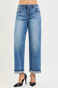 Risen Mid Rise Slouchy Drawstring Waist Boyfriend Jeans