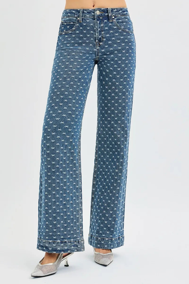 Risen High Rise Wide Leg Bow Embroidered Jeans
