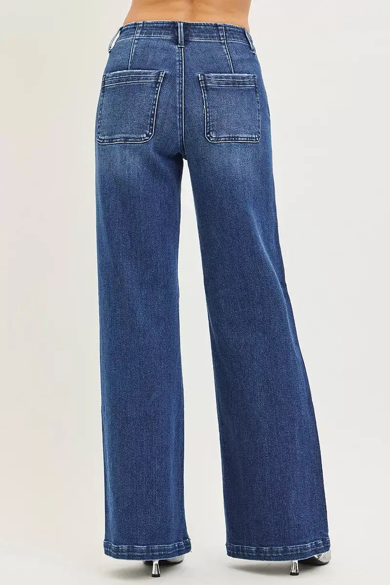 Risen High Rise Wide Leg Slanted Pocket Jeans