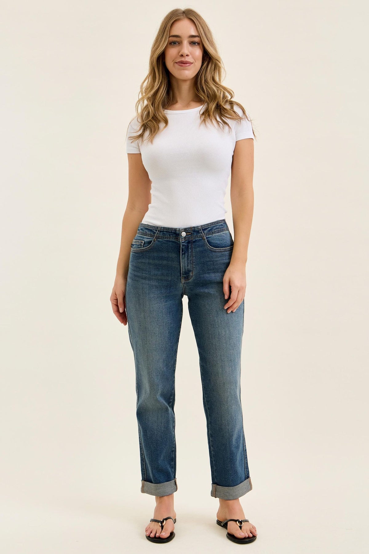 Judy Blue Mid Rise Boyfriend Jeans with Adjustable Back Tab 82731