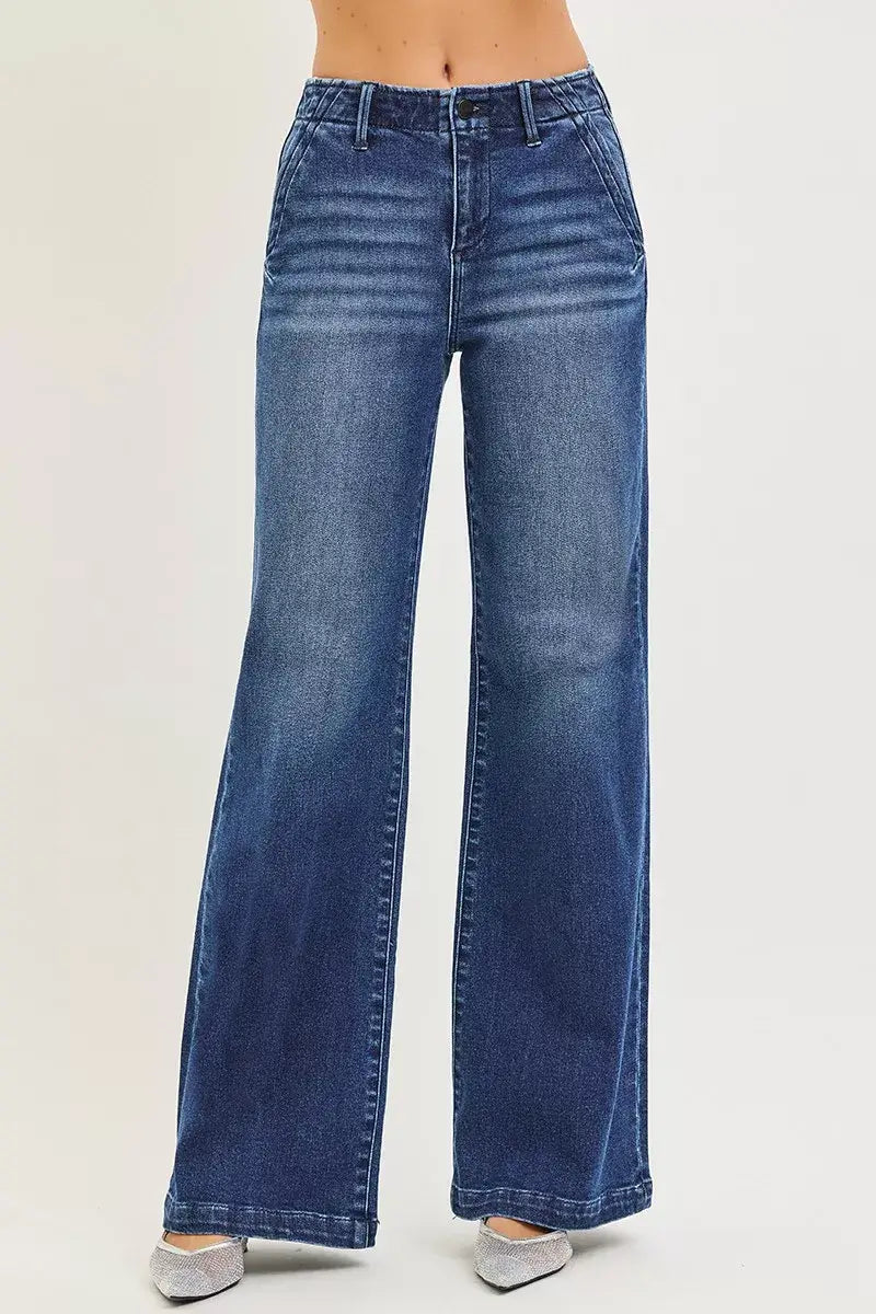 Risen High Rise Wide Leg Slanted Pocket Jeans