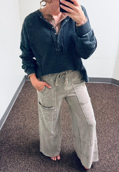 Easel Mineral Washed Wide Leg Terry Knit Cargo Pants in Mushroom and Easel Mineral Washed Wide Leg Terry Knit Cargo Pants in Mushroom