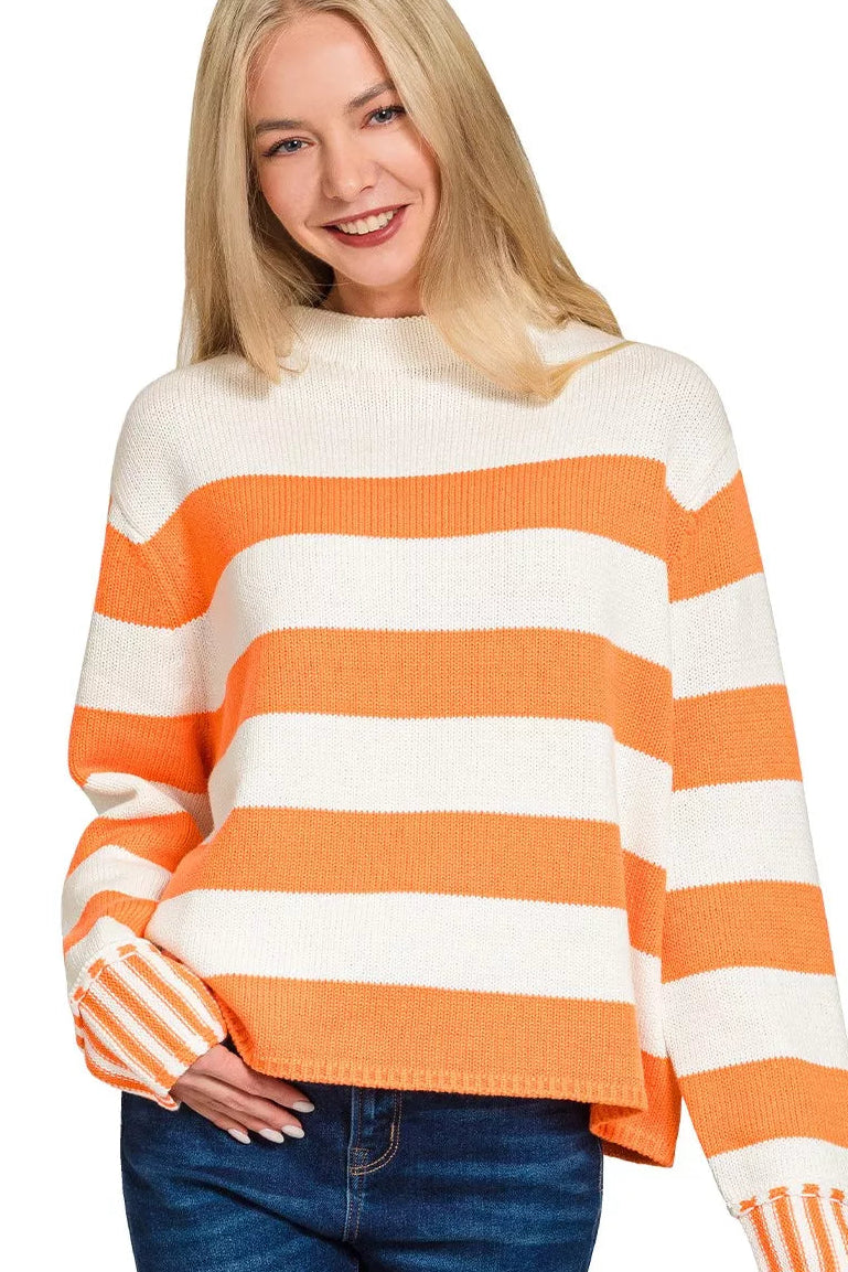 Zenana Ribbed Striped Mock Neck Sweater
