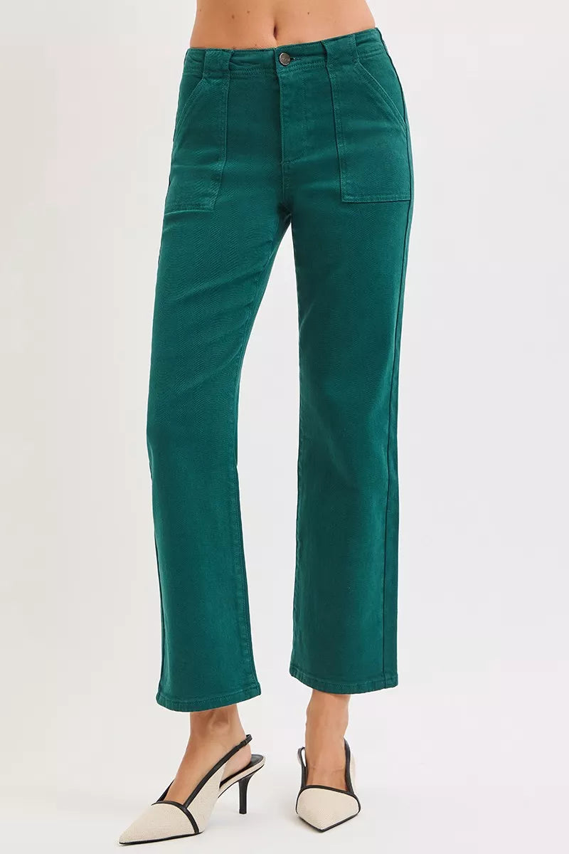 Risen High Rise Ankle Flare Patch Pocket Jeans in Hunter Green