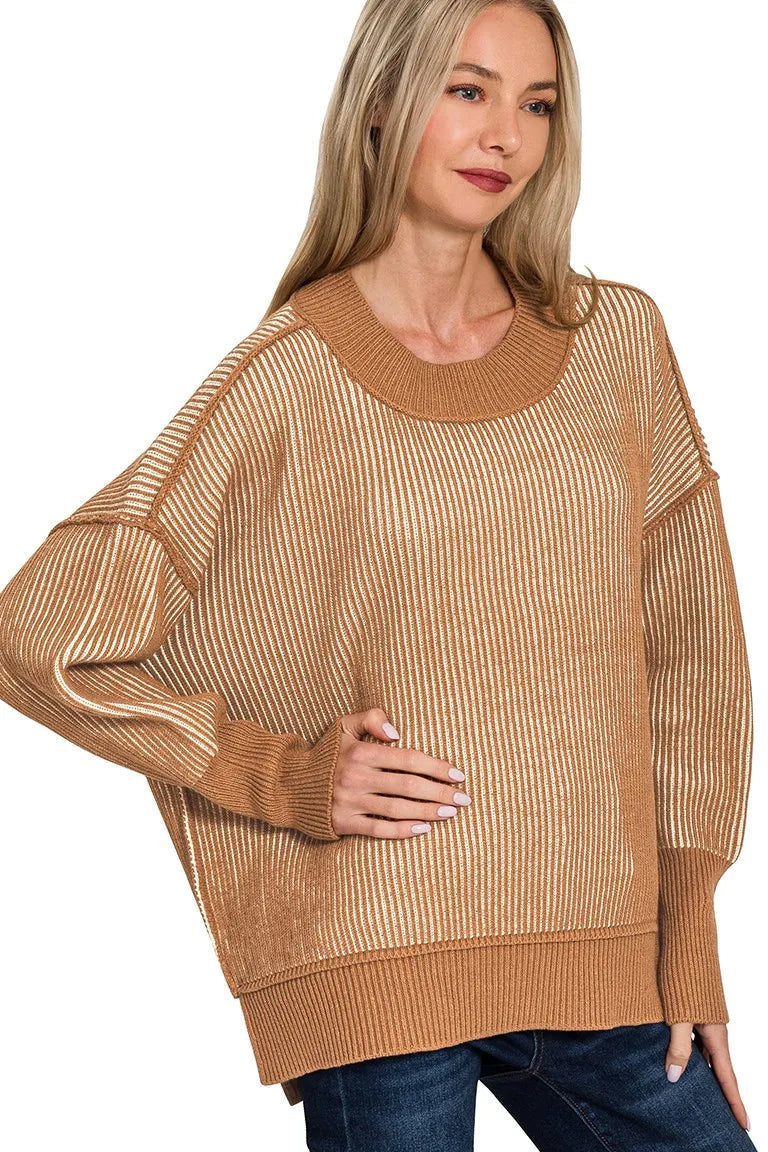 Two Tone Ribbed Sweater - Deep Camel