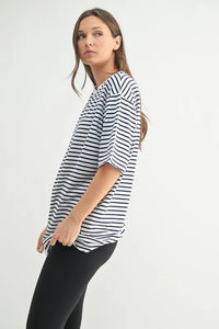 Mono B Coastal Cotton Striped Oversized Crewneck Tee