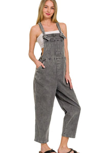 Washed Knot Strap Relaxed Fit Overalls - Ash Black