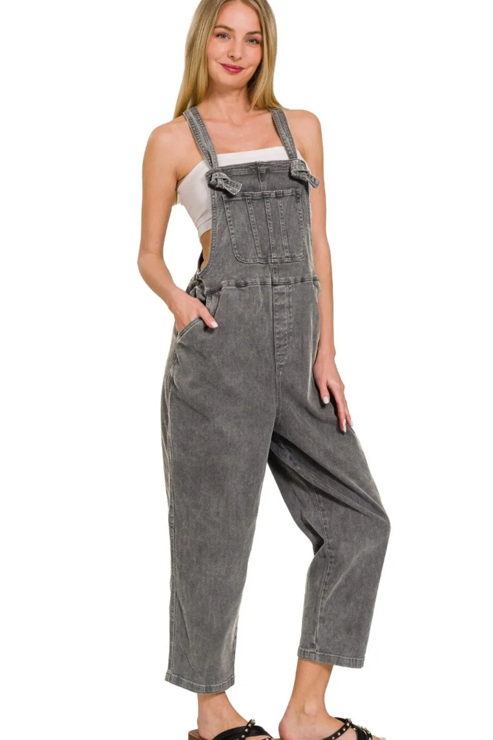 Washed Knot Strap Relaxed Fit Overalls - Ash Black