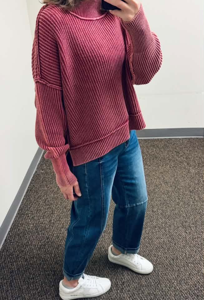 Zenana High Rise Barrel Leg Cropped Jeans and Zenana Washed Cotton Oversized Cropped Sweater