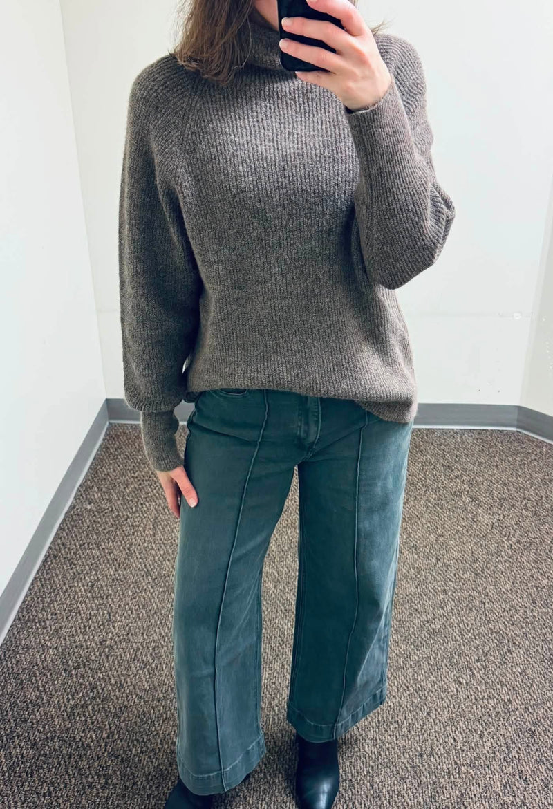 Zenana High Rise Wide Leg Pintuck Color Denim Pants in Ash Black, and Driftwood Sweater in Taupe