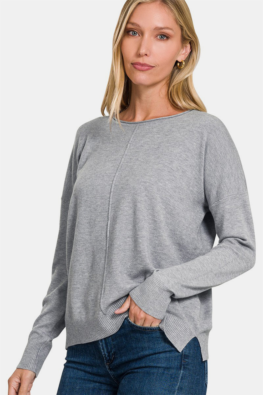 Gray Front Seam Round Neck Sweater