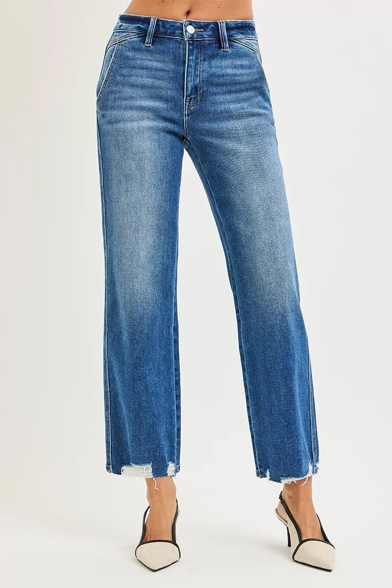 Risen High Rise Ankle Straight Distressed Hem Jeans
